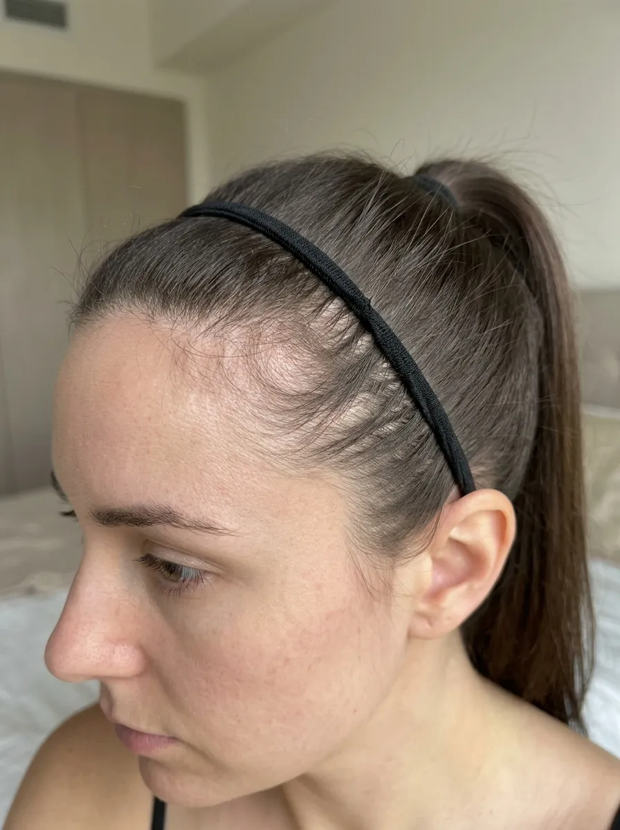 tight hair elastic pulling on strands near the hairline