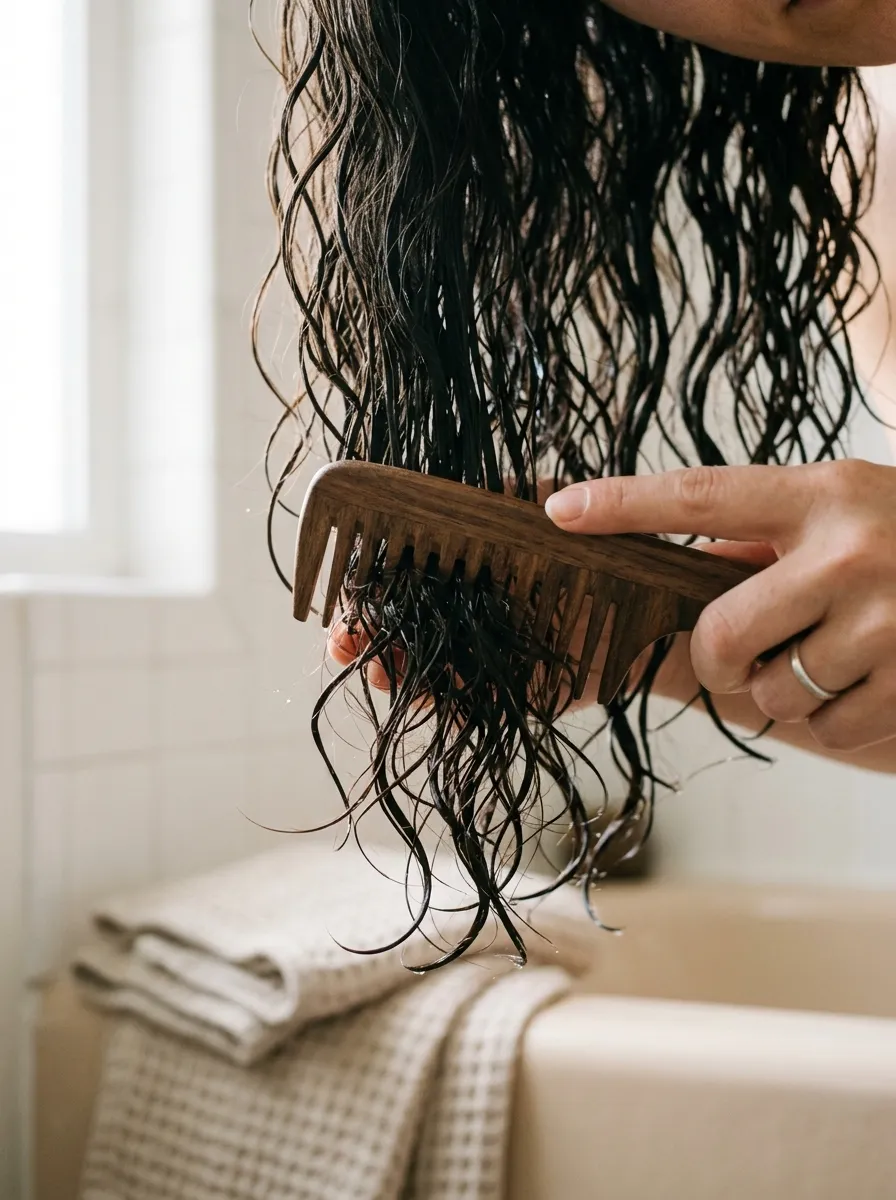 wide tooth comb gently detangling wet hair