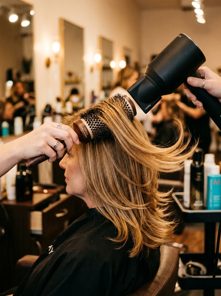 Close up of hair being styled with a round brush