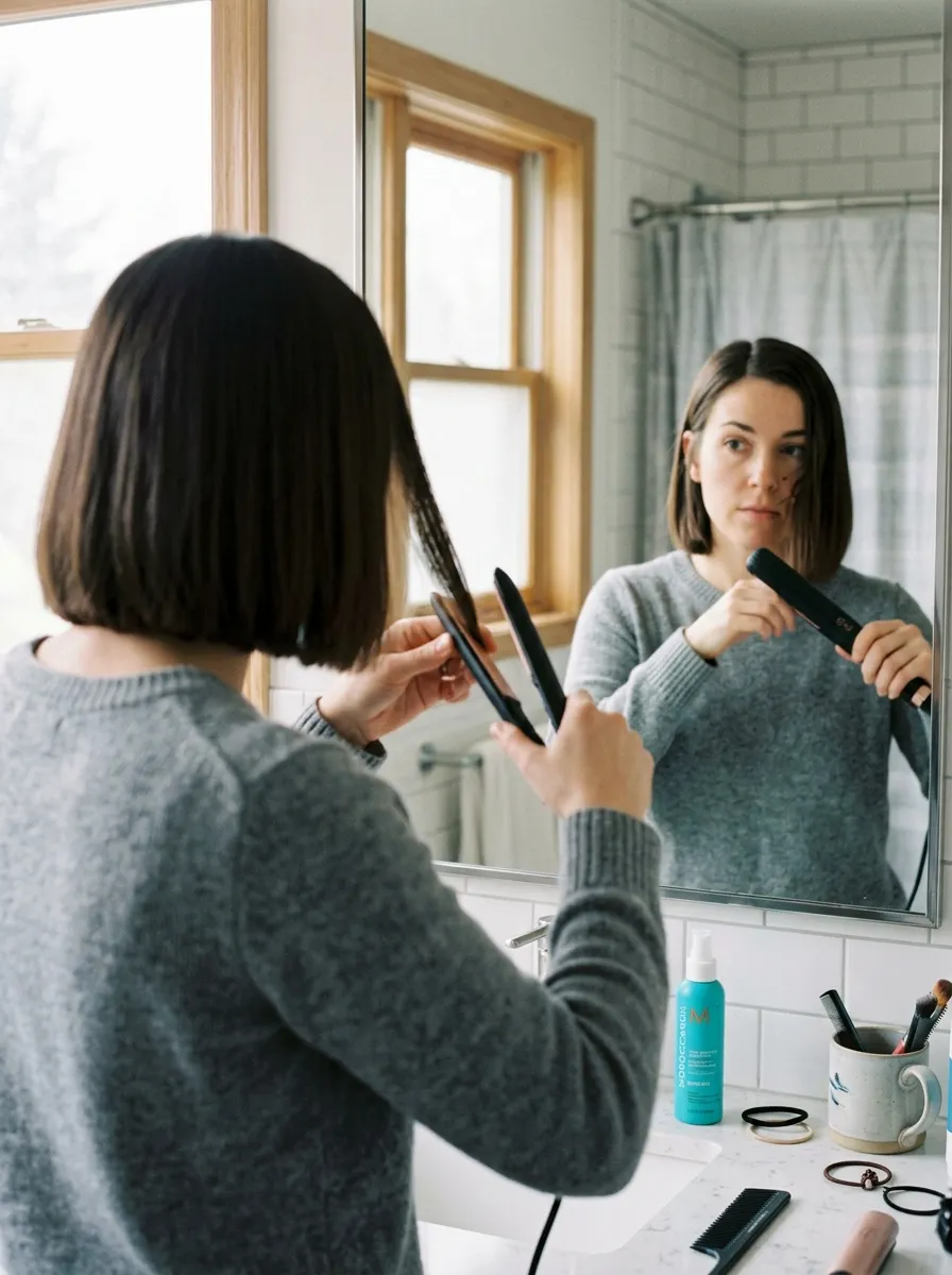 Woman flat ironing the ends of her blunt haircut