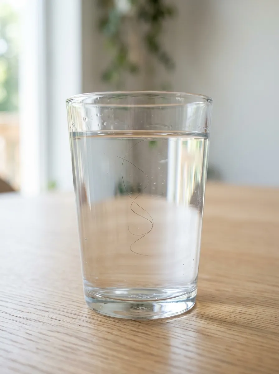 hair floating in a clear glass of water