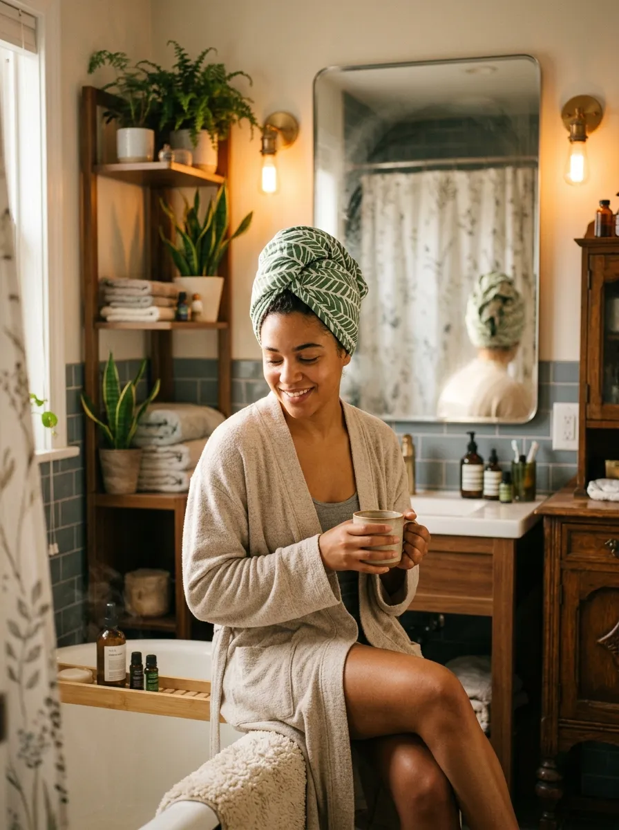 curly hair wrapped in a plopping towel turban