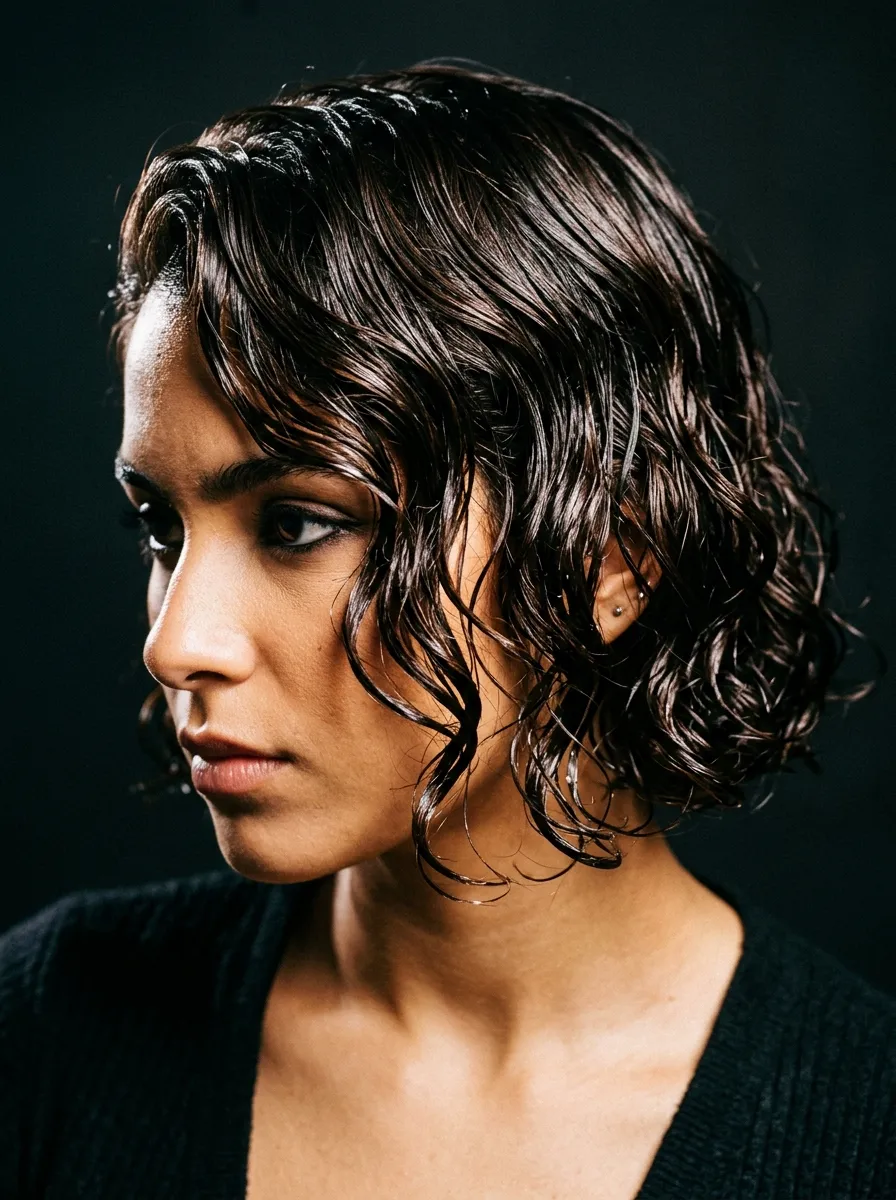 short wet look wavy hairstyle
