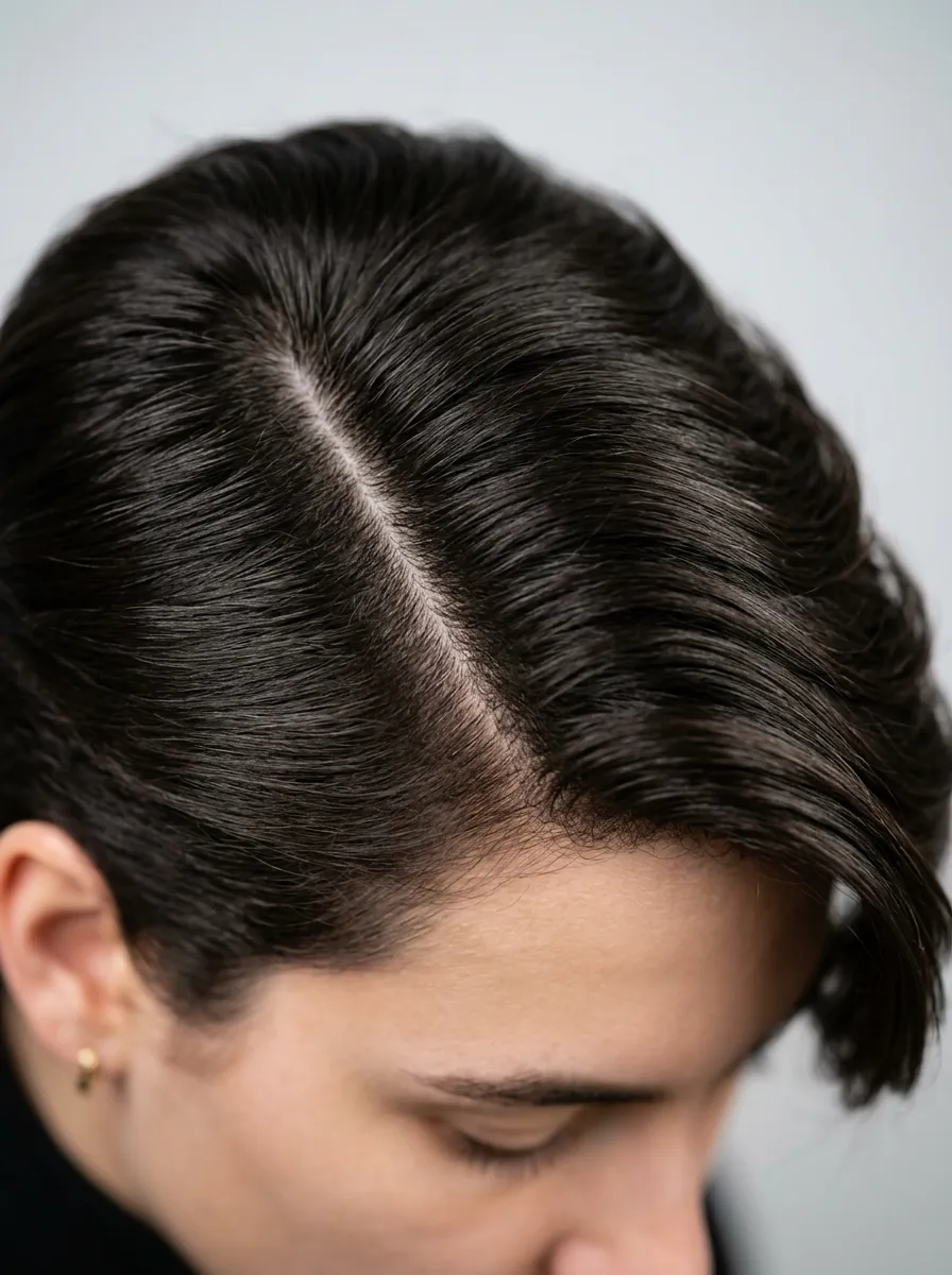 deep side part in thick styled hair