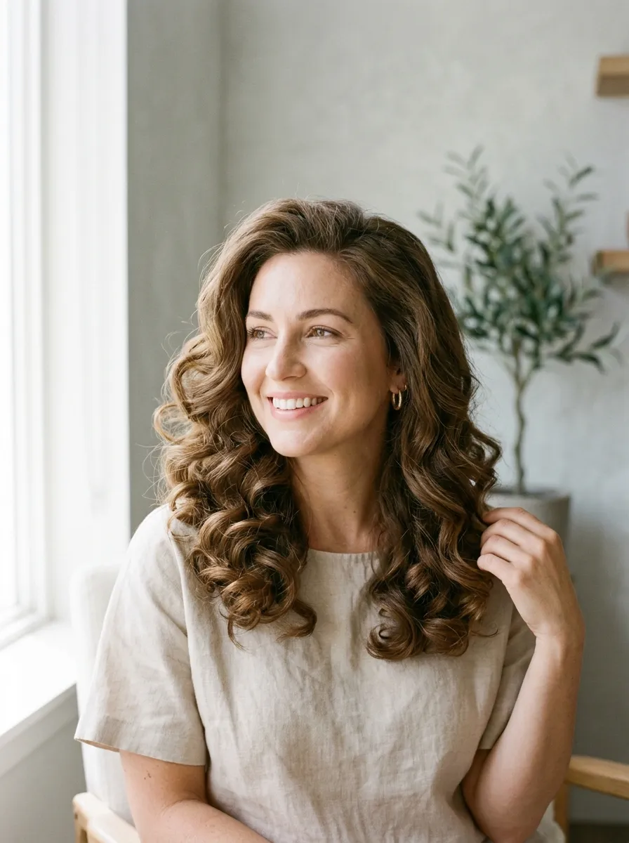 voluminous curled hairstyle from rollers,