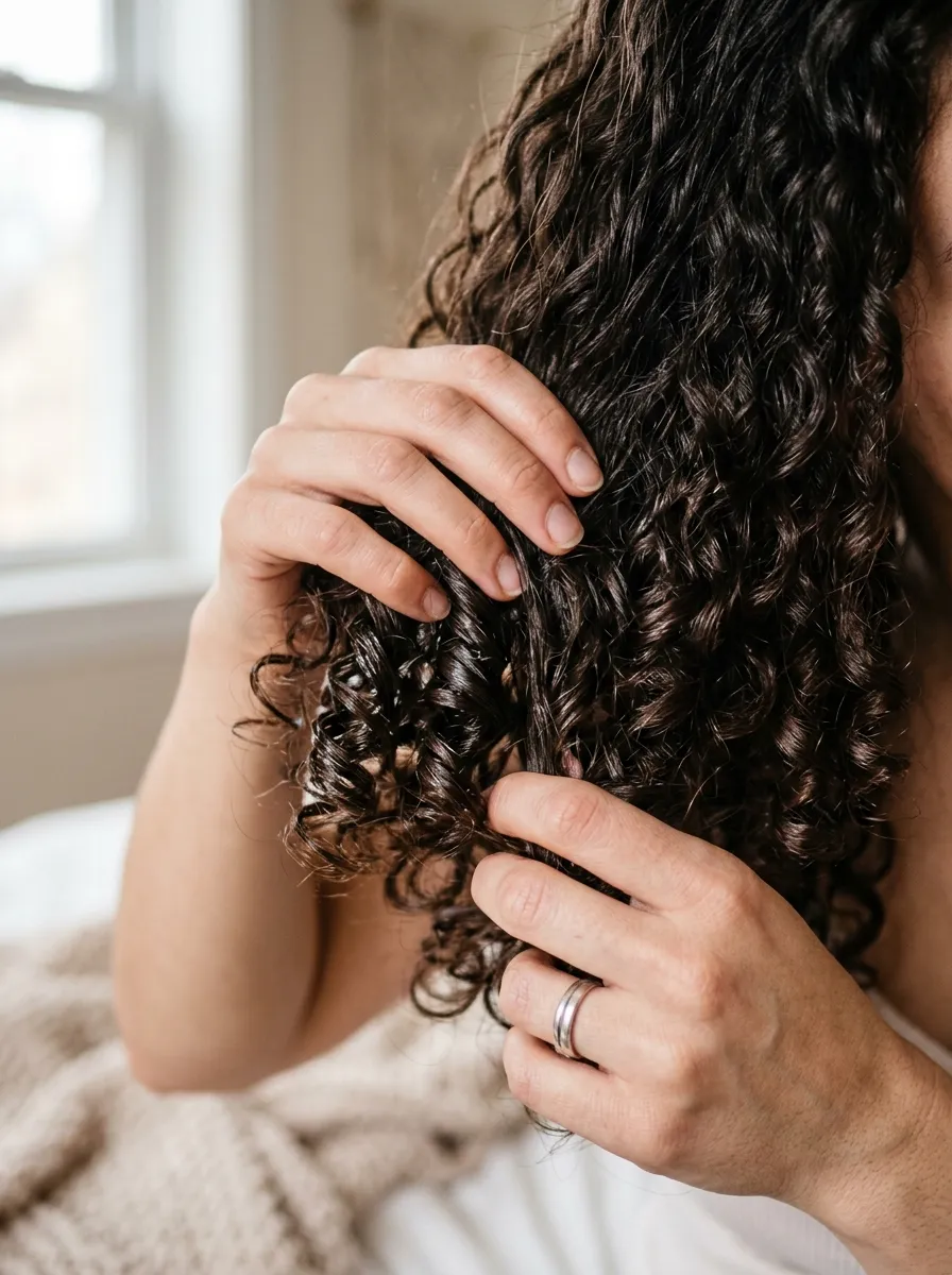 hands gently scrunching fully dried curly