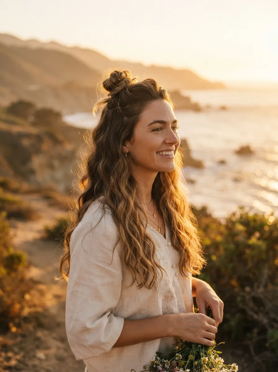 Half Up Bun with Loose Waves
