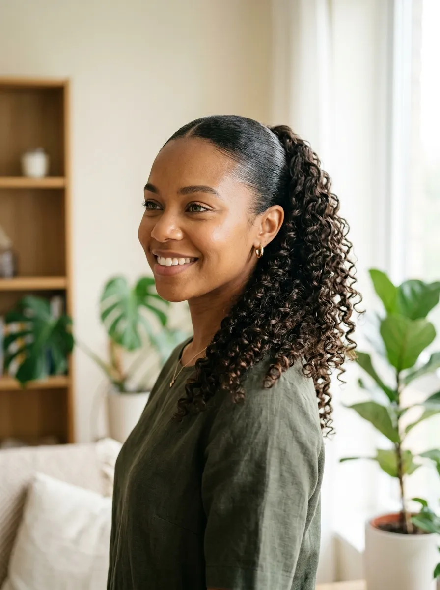 Sleek Ponytail on Curly Hair