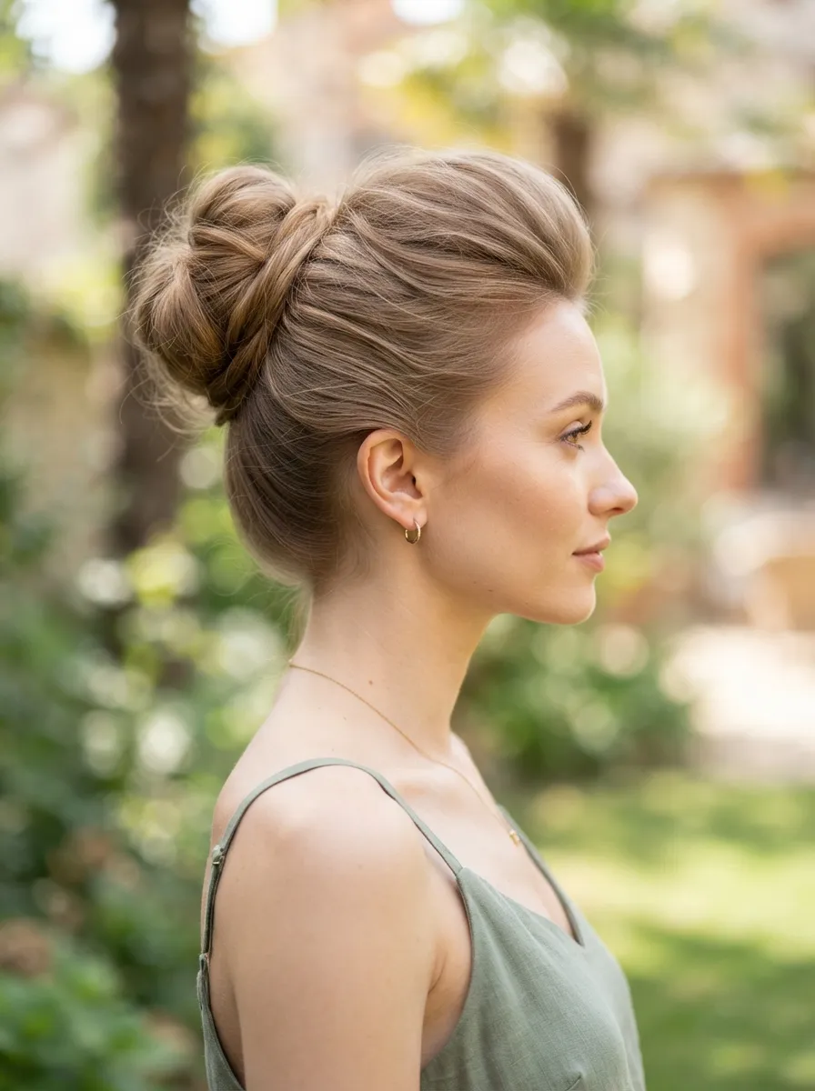 High Bun with Poufed Crown for Volume