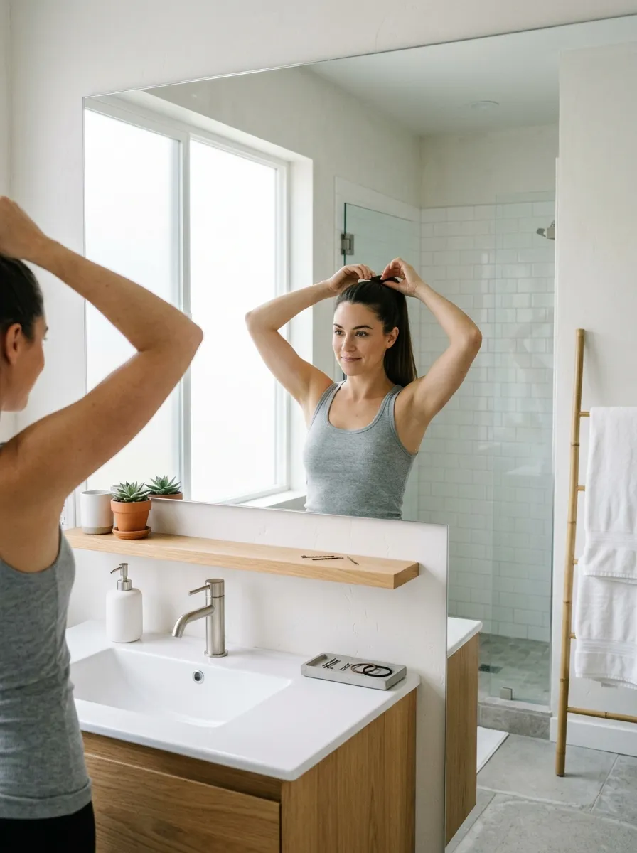 Woman tying her long hair into a high sleek ponytail